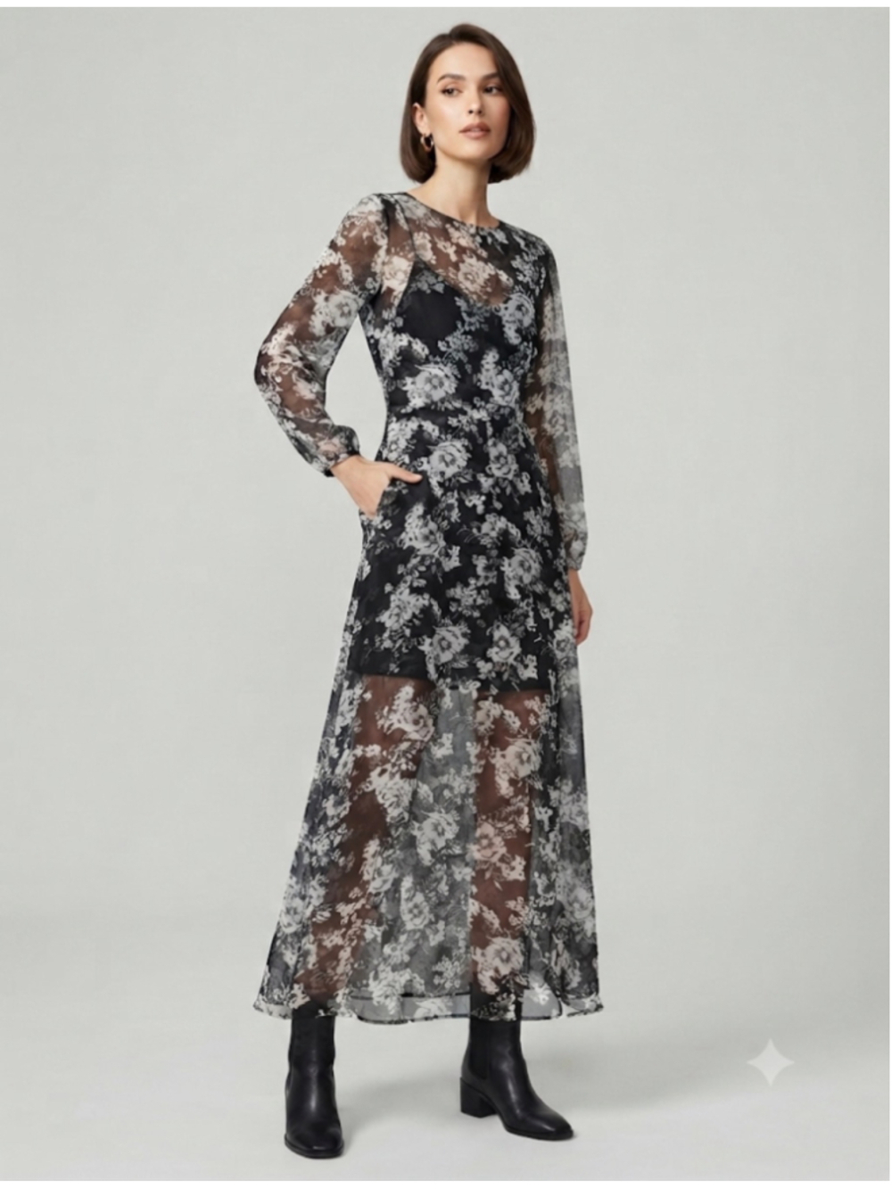 Nasty Gal Floral Maxi Sheer Dress Black White Size XS